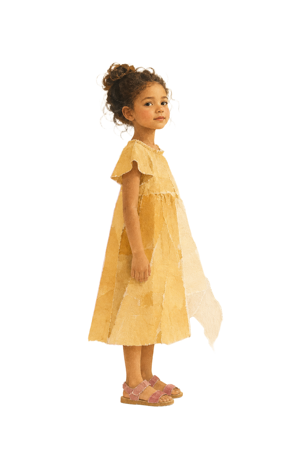 A young child standing quietly, looking softly forward