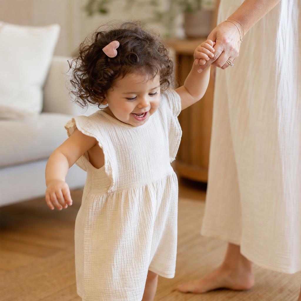 Toddler taking first steps while holding a parent's hand