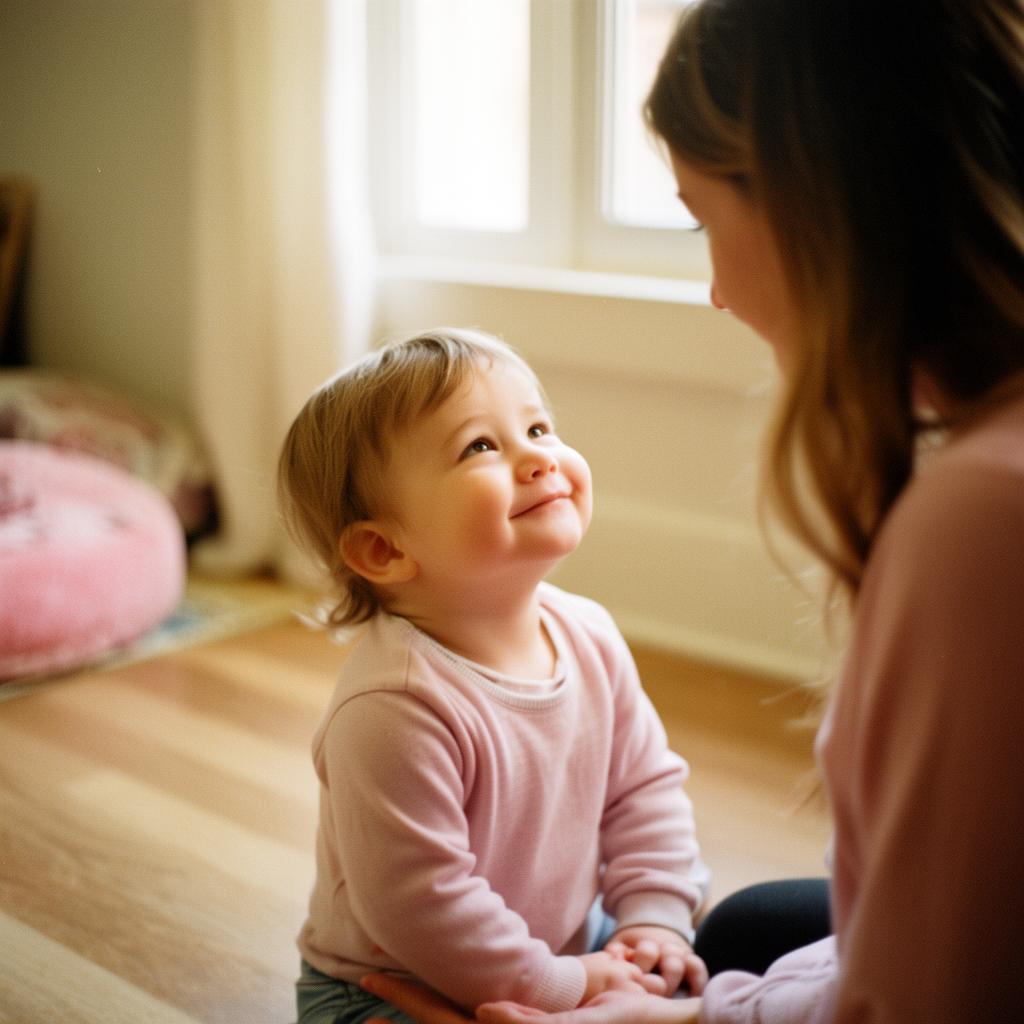 A young toddler looking up at her mother with a proud, warm smile in soft window light